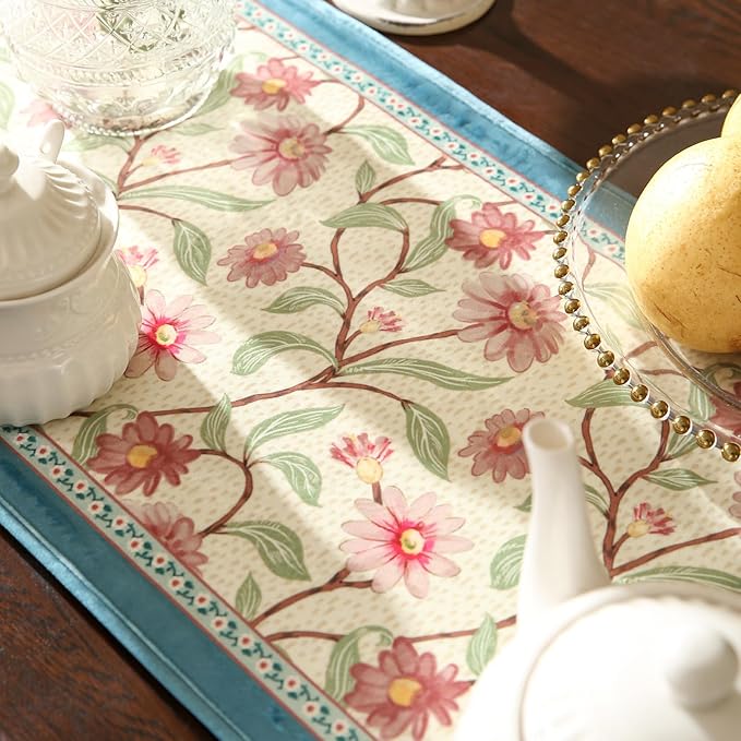 patdrea Designer French Elegant Wild Flowers Velvet Table Runner 87 Inch Long, Beige Pink Floral Pattern Table Mat, Decoration for Kitchen Dining Coffee Table Cabinet Banquet Thanksgiving,12"*87"