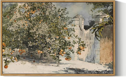 VIYYIEA Plant Large Framed Wall Art, Orange Trees and Gate Vintage Art Decor Room Aesthetic, 16X24 Inch Canvas Print Art, Farmhouse Still Life Painting Wall Decor for Bedroom Bathroom Office
