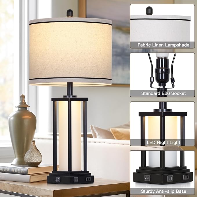 27" Tall Vintage Table Lamp Set of 2 with USB C+A & Outlet,Black Industrial End Table Lamp for Living Room,Farmhouse Rustic Bedside Lamps with Frosted Glass Night Light for Bedroom Nightstand,Black