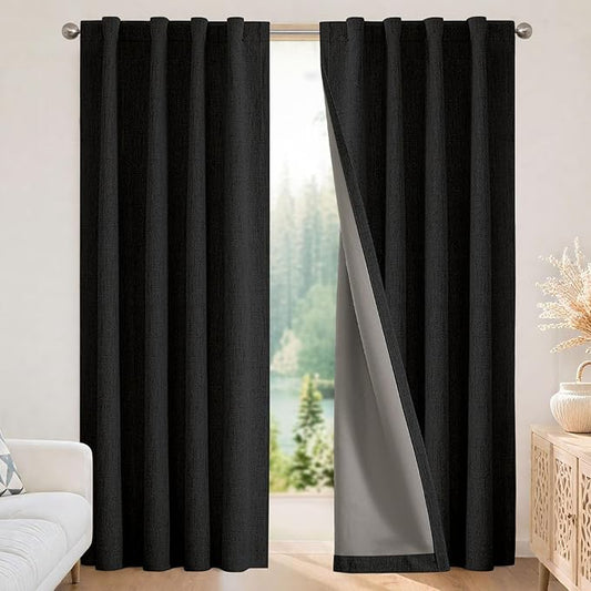 Joydeco Blackout Curtains for Bedroom - 100% Light Blocking 2 Panels Set Black Drapes 100"W x 108"L, Thermal Insulated Room Darkening Curtains, Linen Textured for Living Room, Rod Pocket & Back Tabs