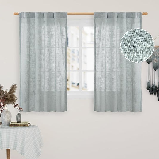 LAMIT Semi Sheer Linen Curtains 48 Inch Length, Light Filtering Panels Back Tab and Rod Pocket Neutral Drapes for Kitchen/Window/Loft Room, Greyish Blue, 2 Panels, 34 x 48 Inch