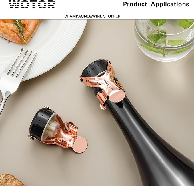WOTOR Champagne&Wine Bottle Stoppers Stainless Steel with Food Grade Silicone, Leak Proof Keep Fresh Reusable Saver, Cork Suitable for Wine, Champagne, Cava, Prosecco and Sparkling (6 Pack Rosegold）