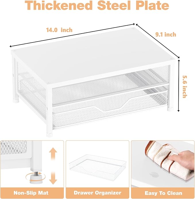 Desk Organizers and Accessories, 2-Tier Computer Monitor Stand Riser with Drawer, Laptop Stand, Office Desk Accessories, Workspace Desktop Organizer for Office Supplies, White