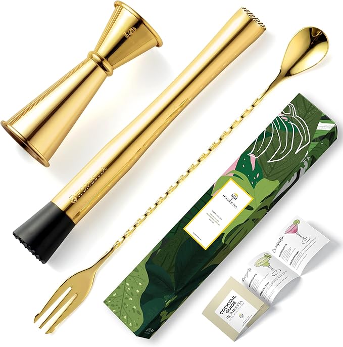 Homestia Muddler for Cocktails Set, 304 Stainless Steel 10" Bar Muddler &12" Cocktail Spoon & Double Jigger, 3 PCS Cocktail Set for Margaritas, Mojitos and Fruit Drinks Bar Tool Set (Gold)