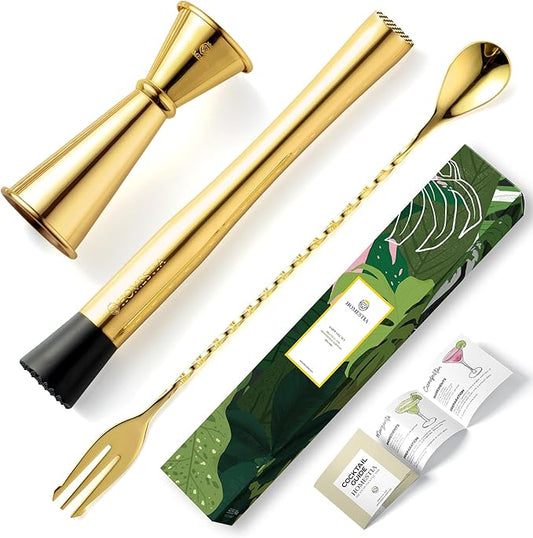 Homestia Muddler for Cocktails Set, 304 Stainless Steel 10" Bar Muddler &12" Cocktail Spoon & Double Jigger, 3 PCS Cocktail Set for Margaritas, Mojitos and Fruit Drinks Bar Tool Set (Gold)