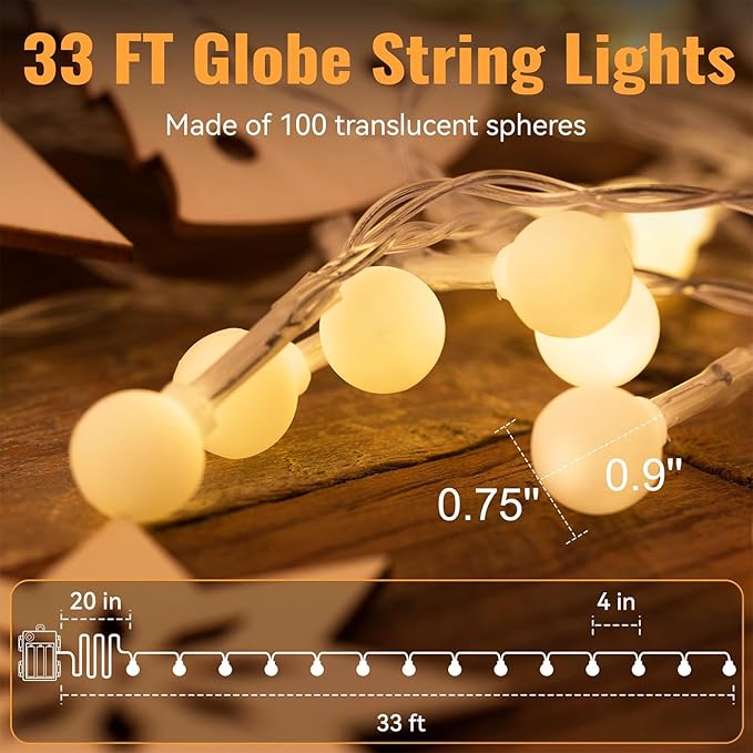 WERTIOO 2 Pack Battery Operated String Lights 33ft 100 LEDs Globe Fairy Lights with Remote Control for Outdoor/Indoor, Tent, Camping, Bedroom,Garden,Christmas Tree[8 Modes,Timer ] (Warm White)