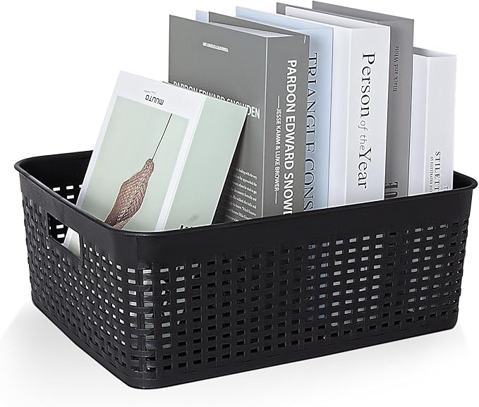 Soddeph Plastic Storage Baskets for Cabinets, Household Pantry Organization with Handle,Organizer Bins for Room,Bathrooms,Under-Sink,Kitchen (Black, L-3PACK)