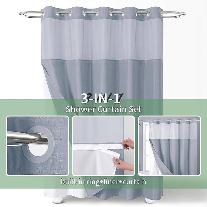 Blue No Hook Shower Curtain with Snap-in Fabric Liner Set,Slub Textured Fabric Shower Curtains for Bathroom,Hotel Style Modern Shower Curtain,Water Repellent & Washable,71x74(72)