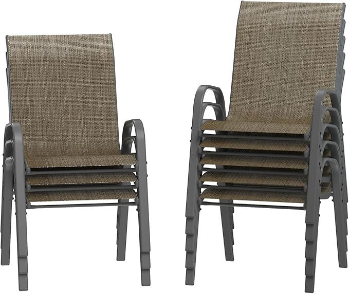 Amopatio Patio Chairs Set of 8, Outdoor Stackable Dining Chairs for All Weather, Breathable Garden Outdoor Furniture for Backyard Deck, Dark Brown