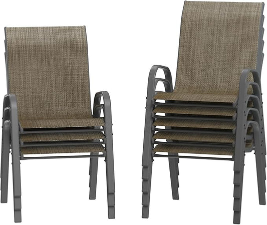 Amopatio Patio Chairs Set of 8, Outdoor Stackable Dining Chairs for All Weather, Breathable Garden Outdoor Furniture for Backyard Deck, Dark Brown