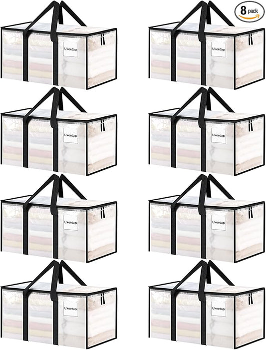 8 Pack Extra Large Heavy Duty Moving Bags, Clear Storage Bins with Lids, Reinforced Handles & Heavy-Duty Zippers Moving Boxes Storage Bags Totes for Clothes Packing, Dorms, College Supplies, Clear