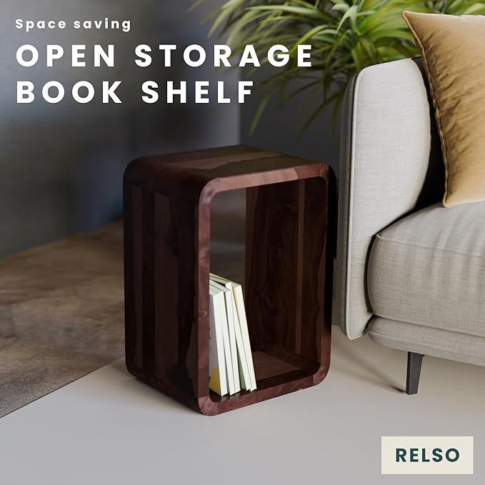 Relso Aurora End Table Solid Sheesham Wood Nightstand with Open Shelf Storage, Walnut Finish Bedside Table, Side Table for Bedroom, Living Room, Entryway, Small Spaces, Accent Bookshelf