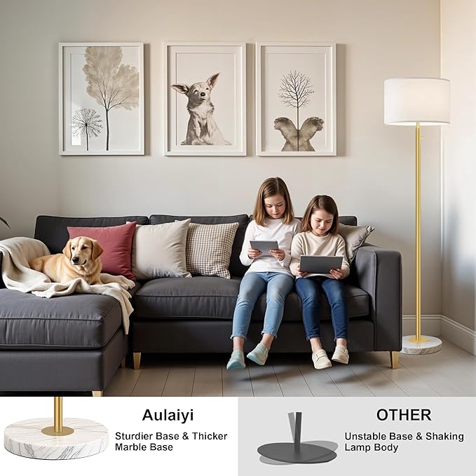 Dimmable Floor Lamps for Living Room,Gold Floor Lamp,Modern Standing Lamp with Marble Base,Tall Floor Lamp for Bedroom, Reading,Office & Kids' Room,LED Bulb Included(Gold)