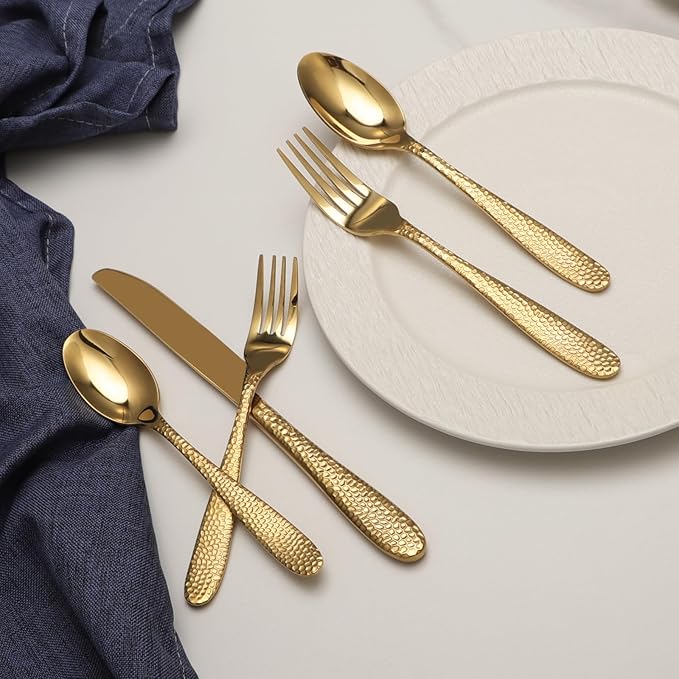 Gold Hammered Silverware Set, 40 Piece Stainless Steel Heavy Duty Flatware Set for 8, Food-Grade Tableware Cutlery Set for Home Restaurant, Mirror Polished, Dishwasher Safe