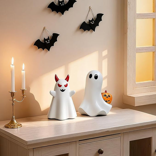 2 pcs Ghost Figurines Halloween Indoor Decoration, White Cute Ghost Halloween Table Decor Tiered Tray Decorations,Funny Devil&Pumpkin Ghost Figurine Resin Statue Centerpieces