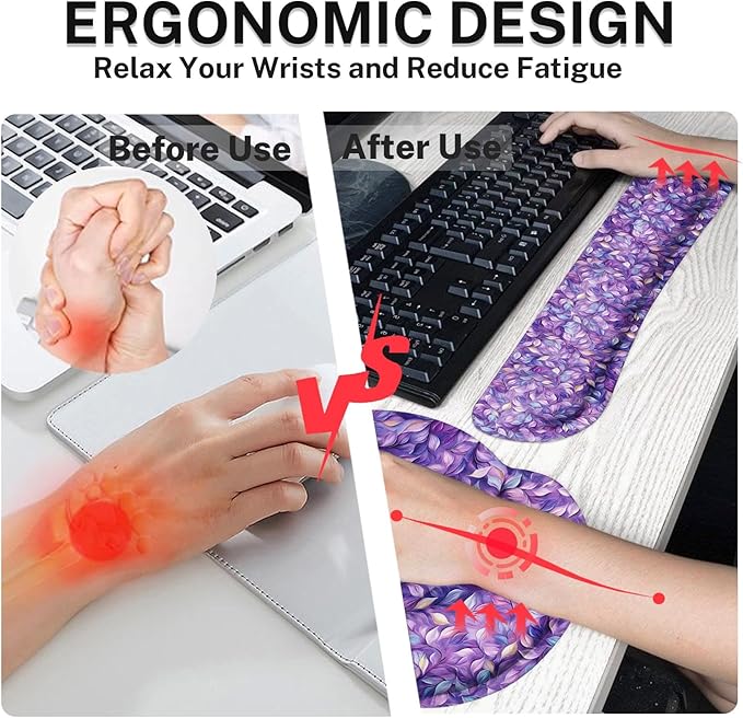 Britimes Purple Leaves Oil Painting Mouse Pad 3pcs Set with Wrist Support Non-Slip Rubber Base Ergonomic Pad,Mouse Wrist Cushion Support and Coasters for Home Office Gaming Easy Typing & Pain Relief