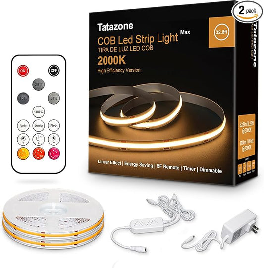 32.8ft Orange Color COB Strip Lights with RF Remote, 2000K Dimmable Ultra Bright Yellow COB Light Strip, Indoor Adhesive Led Lights for Cabinet, Living Room, 2 Rolls of 16.4ft