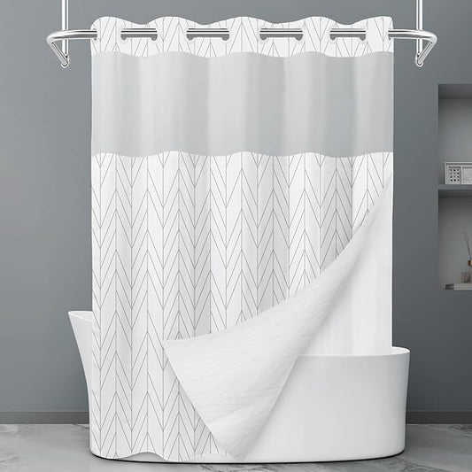 No Hook Geometric Striped Shower Curtain with Snap in Liner Set - Hotel Shower Curtain and Liner Set with See Through Mesh Top Window,Machine Washable, 71x74 INCH- Grey & White Chevron