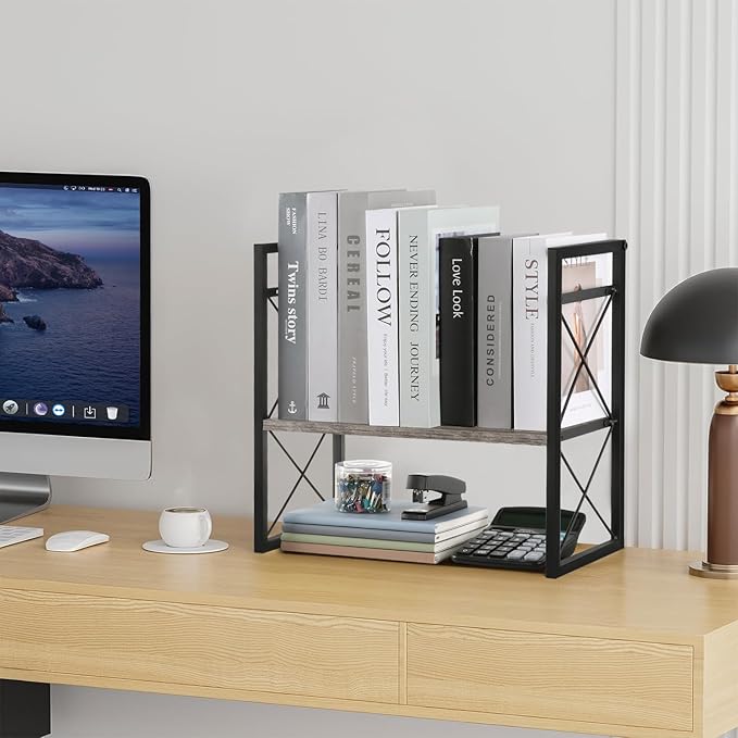 YINMIT Desktop Shelf Organizer, 2 Tier Office Shelves, Wood Desk Organizer Storage Rack and Freestanding Display Shelf for Office, Dormitory, Home (Grey)