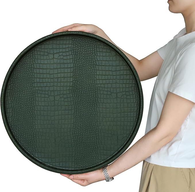 HofferRuffer Round Serving Tray 20'', Elegant Faux Leather Circle Ottoman Table Tray, Serve Tea Coffee Breakfast in Bedroom Living Room Kitchen(Green, 20")