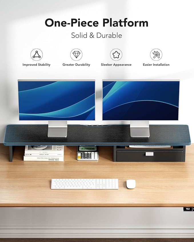 HUANUO Large Dual Monitor Stand with Drawer, Wood Monitor Stand Riser for 2 Monitors with Storage & Cable Management, Desktop Organizer up to 55" fit Monitor, Computer, TV, Printer