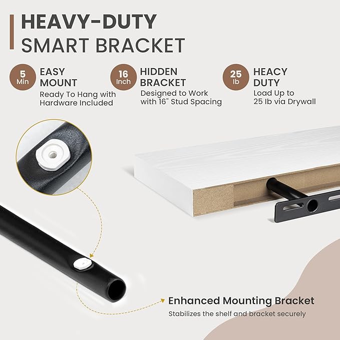 16 Inch Floating Shelves, 8 Inch Deep Floating Shelves for Wall, Hanging Shelf with Invisible Brackets, Deep Shelves for Bathroom, Bedroom, Living Room, White, Set of 2