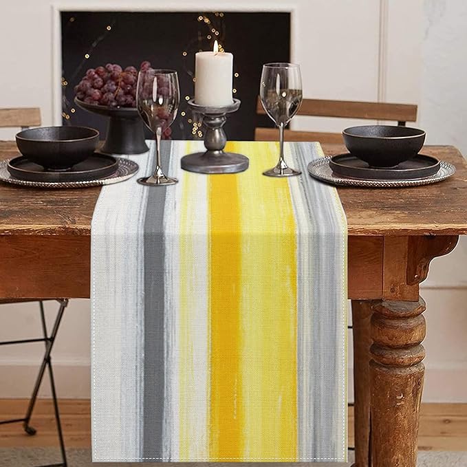 Emvency Yellow Abstract Table Runner, Modern Grey White Striped Dining Decor for Kitchen Coffee Table Family Dinners Holiday Parties Wedding Events Decor(13x72 inch)