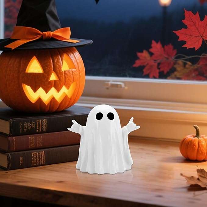 Halloween Funny Ghost Figurine with Rock Hand，Cute Halloween Ghost Decor Scary Resin Statues，Shelf & Centerpiece Displays，Cute Ghost with Funny Desk Figurine and Spooky Gifts