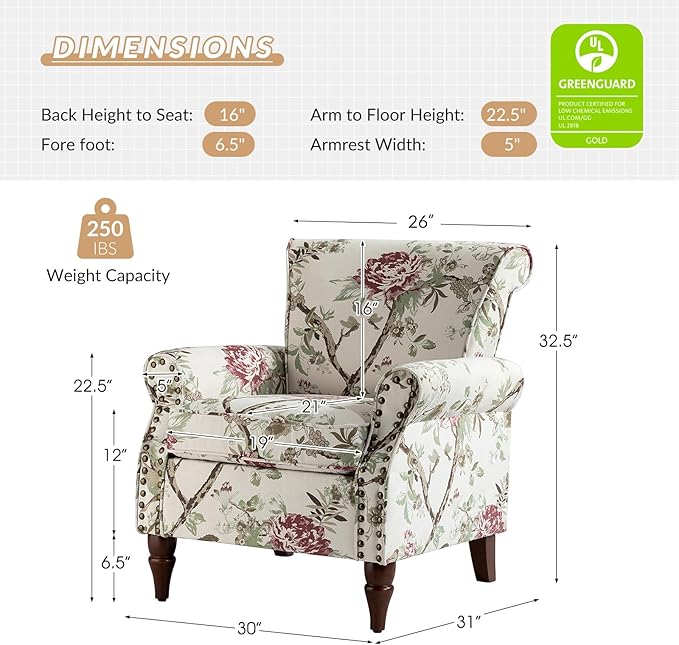 HULALA HOME Modern Wingback Accent Chair with Wood Legs & Removable Cushion, Comfy Upholstered Armchair with Nailhead Trim, Floral Pattern Sofa Chair for Bedroom Living Room, Floral