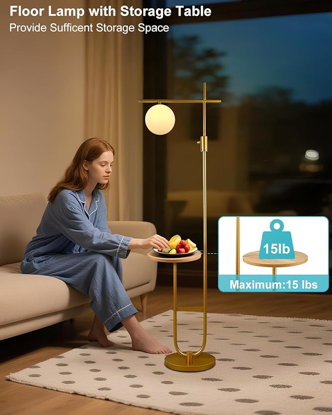 Lightdot 66IN Gold Dimmable Floor Lamps with Storage Table, Modern Standing Tall Lamp with Milky White Globe Lampshade, Cross-Shaped Lamp Head and U-Pole Base Style for Living Room/Bedroom/Office