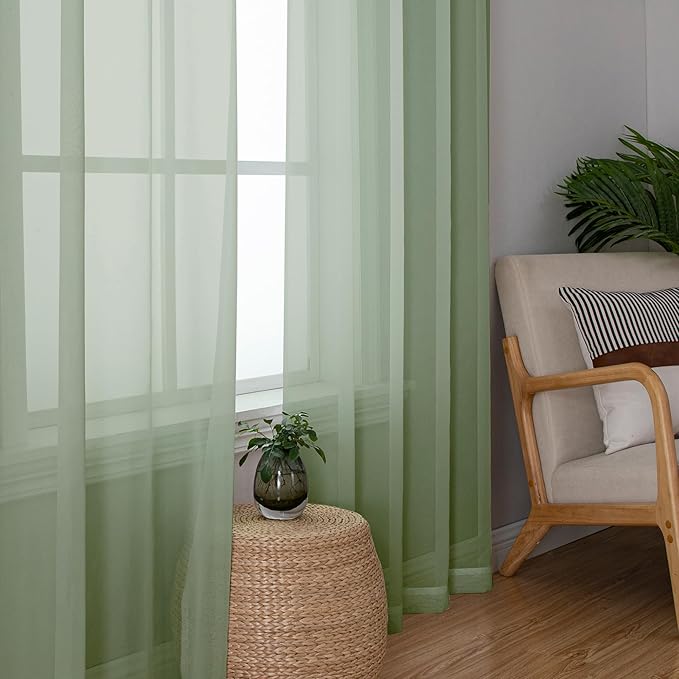 Aiyufeng Voile Sheer Sage Green Curtains - Transparent Light Weight Soft Window Treatment Curtain Panels with Rod Pocket Top for Patio Door/Living Room (W59 x L96, 2 Panels), Sage Green