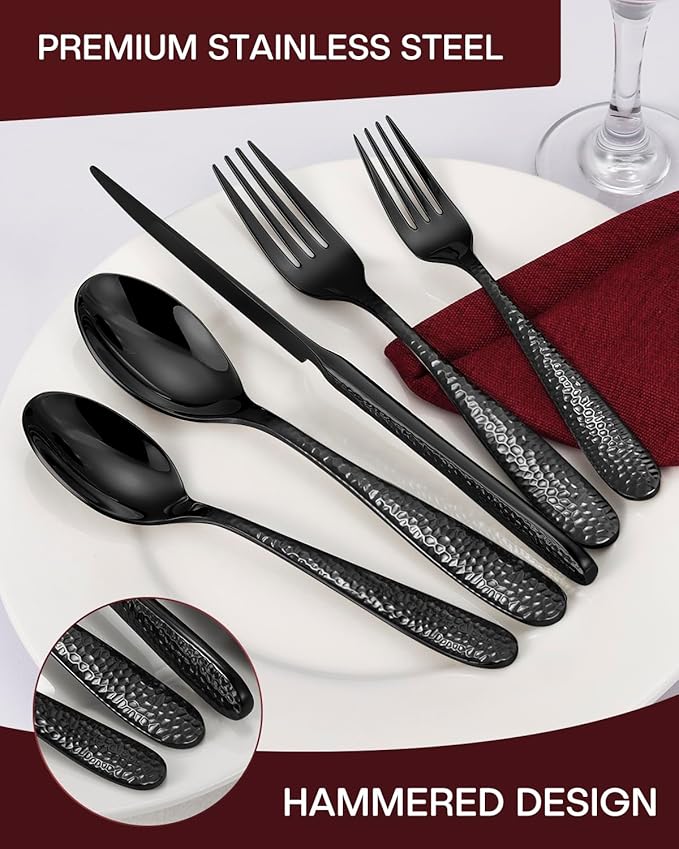 Hammered Black Silverware Set, EUIRIO 40-Piece Flatware Set for 8, Heavy Duty Stainless Steel Cutlery Set, Food-Grade Utensil Sets Includes Spoons Forks and Knives, Mirror Finish Dishwasher Safe