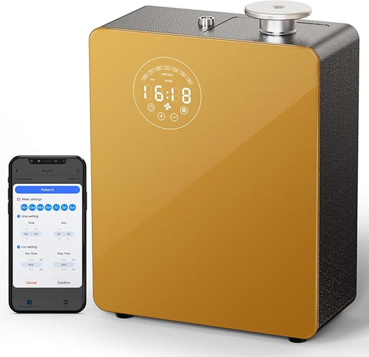 Smart Waterless Diffuser - Scent Air Machine for Home & Commercial Use, Covers 3000 sq. ft., Nebulizing HVAC or Portable Large Room Waterless Diffusers, Touch & Bluetooth Control, Metal, Golden