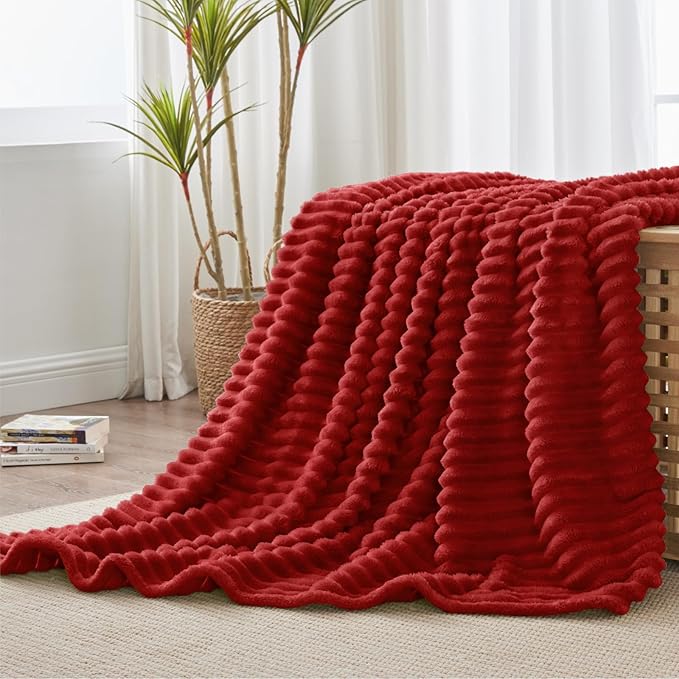 BEDELITE Twin Blanket for Couch & Bed, 300GSM Soft & Warm Fleece Blanket, Decorative and Giftable Striped Burgundy Blankets for Women, Men, 60"x80"