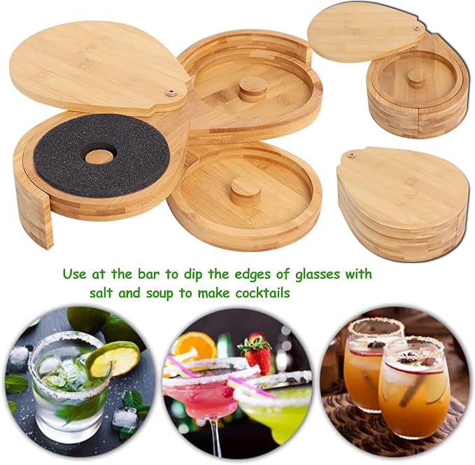 Bamboo Margarita Salt Rimmer Set - 3 Tier Glass Rimmer with Lid and 6 Sponges for Cocktails, Bar Salt and Sugar for House Party, Bloody Mary, Manhattan Drinks
