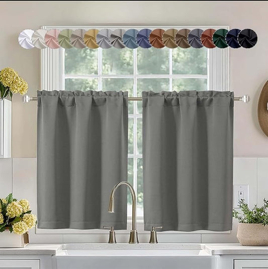 Aiyufeng Light Grey Short 36 Inches Blackout Curtain 2 Panels Set, Half Window Rod Pocket Privacy Curtain Tiers for Kitchen, Curtains Blackout for Bathroom Shades, W40 x L36 Inch, Light Grey