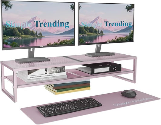 Simple Trending 2 Tier Metal Dual Monitor Stand Riser, Computer Office Desktop Organizer for 2 Monitors with 32"x10" Mouse Pad for Laptop, Printer, TV, Pink