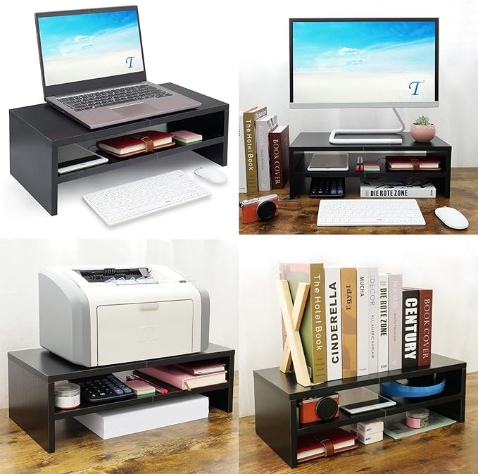 TEAMIX 2 Tiers Wooden Desktop Monitor Stand Riser 20 Inch Printer Stand with Double Storage Small TV Riser Laptop Keyboard Holder Business Desk Organizer Shelf Black Bookshelf