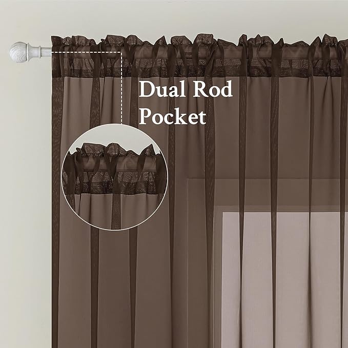 MIULEE Chocolate Brown Sheer Curtains 63 Inches Long 2 Panels, Light Filtering Voile Drapes with Rod Pocket for Bedroom and Living Room Windows