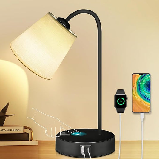 Touch Table Lamps for Bedroom,3 Way Dimmable Bedside Lamp for Nightstand with USB C+A Ports and Outlet,360°Adjustable Desk Lamp with Fabric Shade for Living Room,Home,Office