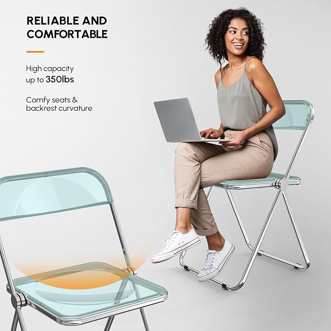 VINGLI Acrylic Folding Chairs 2 Pack, Clear Chair Foldable and Stackable, Plastic Panel & Metal Chrome Frame, Weight Capacity 350 lbs, Blue Green