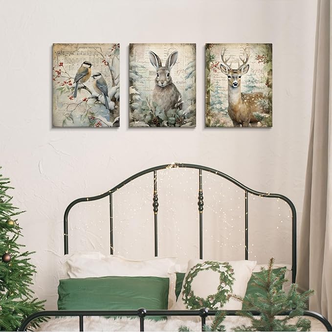 DSHFG Vintage Winter Woodland Animals Wall Decor, Woodland Animals Canvas Wall Art Decor Framed Set of 3, Winter Rabbit Wall Decor for Home Farmhouse Living Room, Housewarming Gifts 14x11 Inch