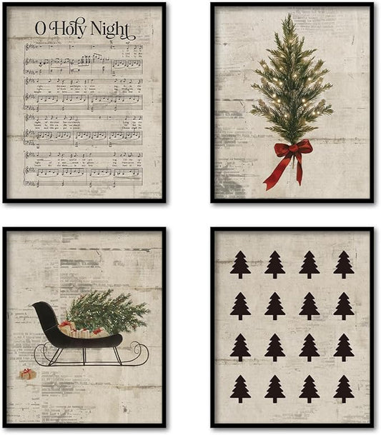 TFKFJLF Vintage Christmas O Holy Night Wall Art Poster Decor, Retro Christmas Tree Wall Art Decorations for Home Kitchen Bedroom Bathroom Living Room Office, Unframed 8x10in Set of 4