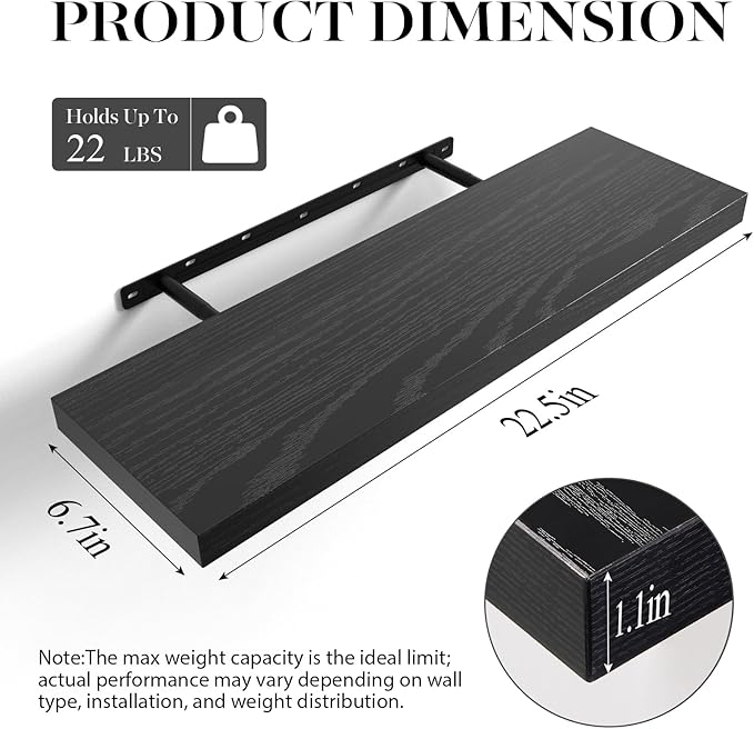BAYKA Floating Shelves, 22.5 inch Rustic Wood Wall Mounted Shelves for Bathroom, Bedroom, Living Room, Kitchen & Office, Hanging Display Shelf with 22 lbs Capacity, for Decor, Display & Organizer