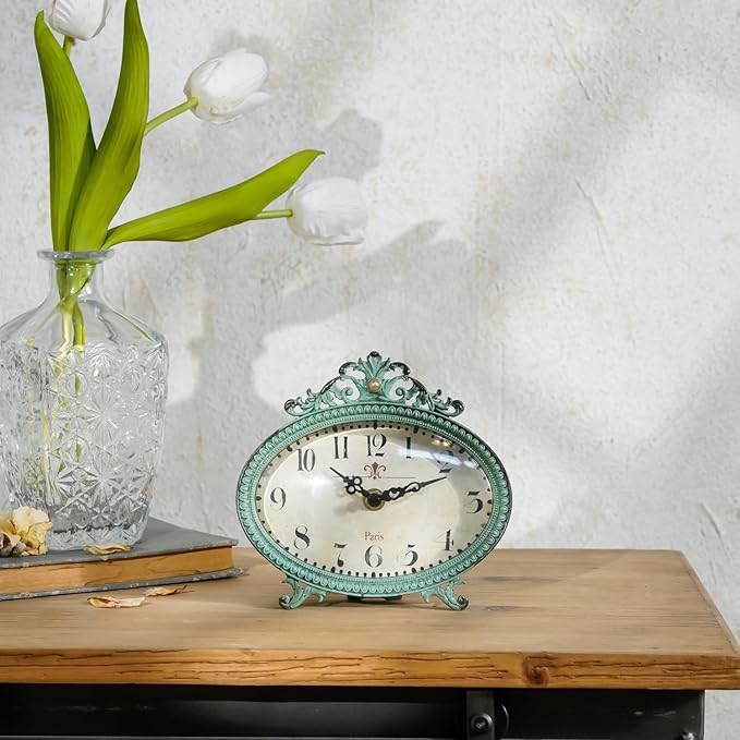 NIKKY HOME Vintage Table Clock, French Turquoise Color Rococo Style Desk Clock Battery Operated Rustic Design, Home Décor for Living Room, Bedroom, Bedside, Desk, Gift Clock - Distressed Green