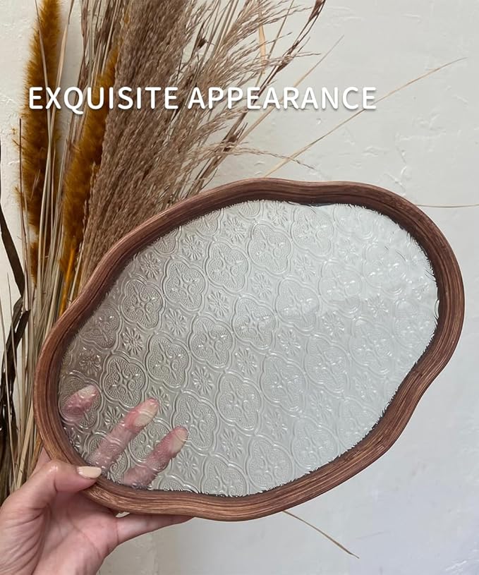 IwaiLoft Glass Serving Tray with The Crabapple Pattern Glass and Walnut for Kitchen Countertop Home Decor for Coffee Table, Also Suitable for Tea Coffee Decorative Trays (Clear,14.5" x 10" x 1")