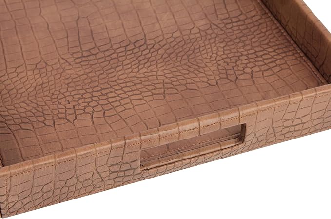 HofferRuffer Rectangle Serving Tray with Hole Handles for Coffee Table, Breakfast, Tea, Food, Butler - Countertop, Kitchen, Vanity Serve Tray, 16.2 x 12.2 x 2 inches, Faux Leather (Antique Brown)