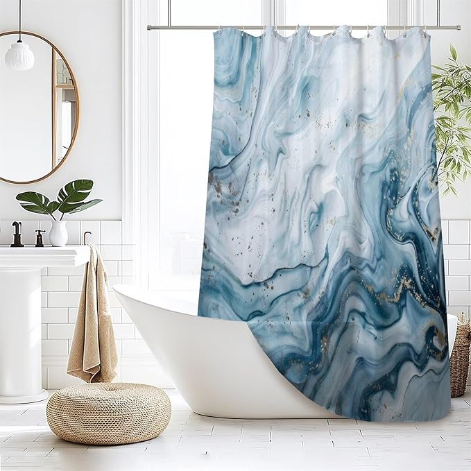 Renaiss Blue Marble Shower Curtain Modern Abstract Blue White Ombre Luxury Art Bathroom Shower Curtain Glitter Waterproof Shower Curtains Set with Hooks Pretty Bathtub Decor 60" W x 72" L