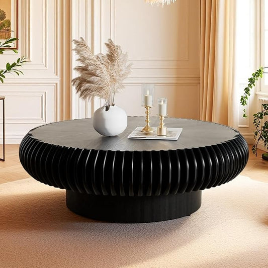 Fluted Drum Coffee Table Round Coffee Table for Living Room Mid Century Modern Coffee Tables with Sturdy Pedestal Circle Center Tea Table Accent Tea Table for Small Space Apartment (39.4inch Black)