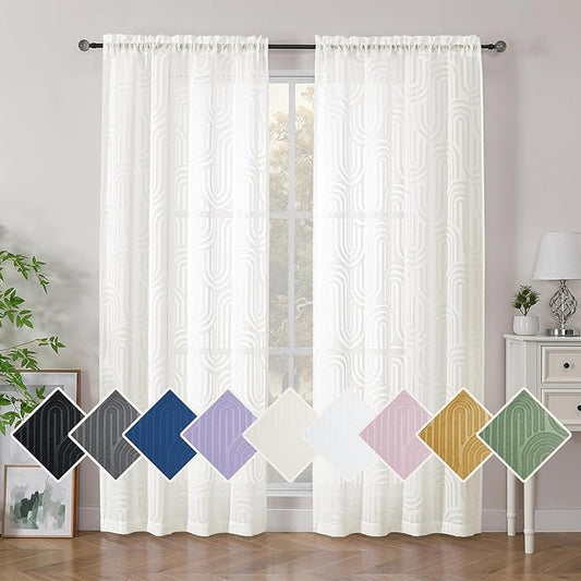 Simplebrand Sheer Ivory Curtains 72 Inches Long 2 Panels for Window, Geometric Mid Century Light Filtering Semi Sheer Curtains for Front Back Patio Glass Door with Rod Pocket, 42" Wx72 L